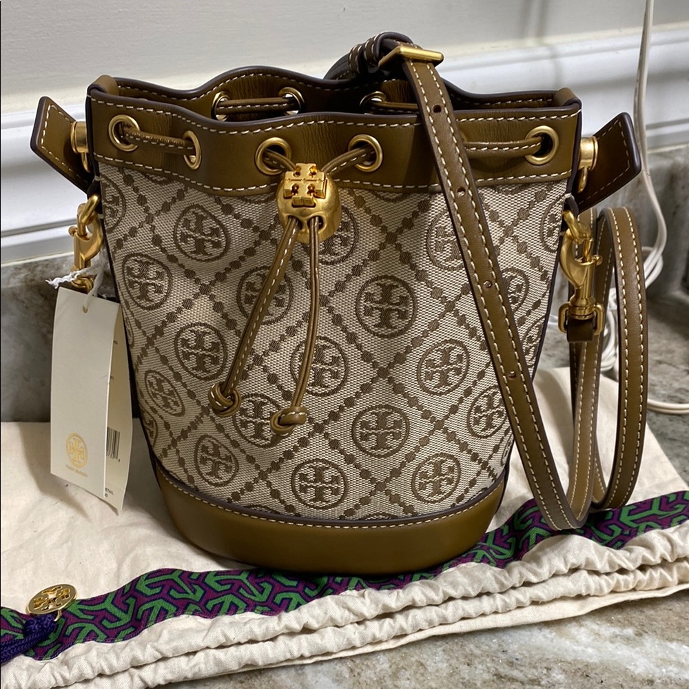 Tory Burch T Monogram Jacquard Mini Bucket Crossbody Bag in Hazelnut